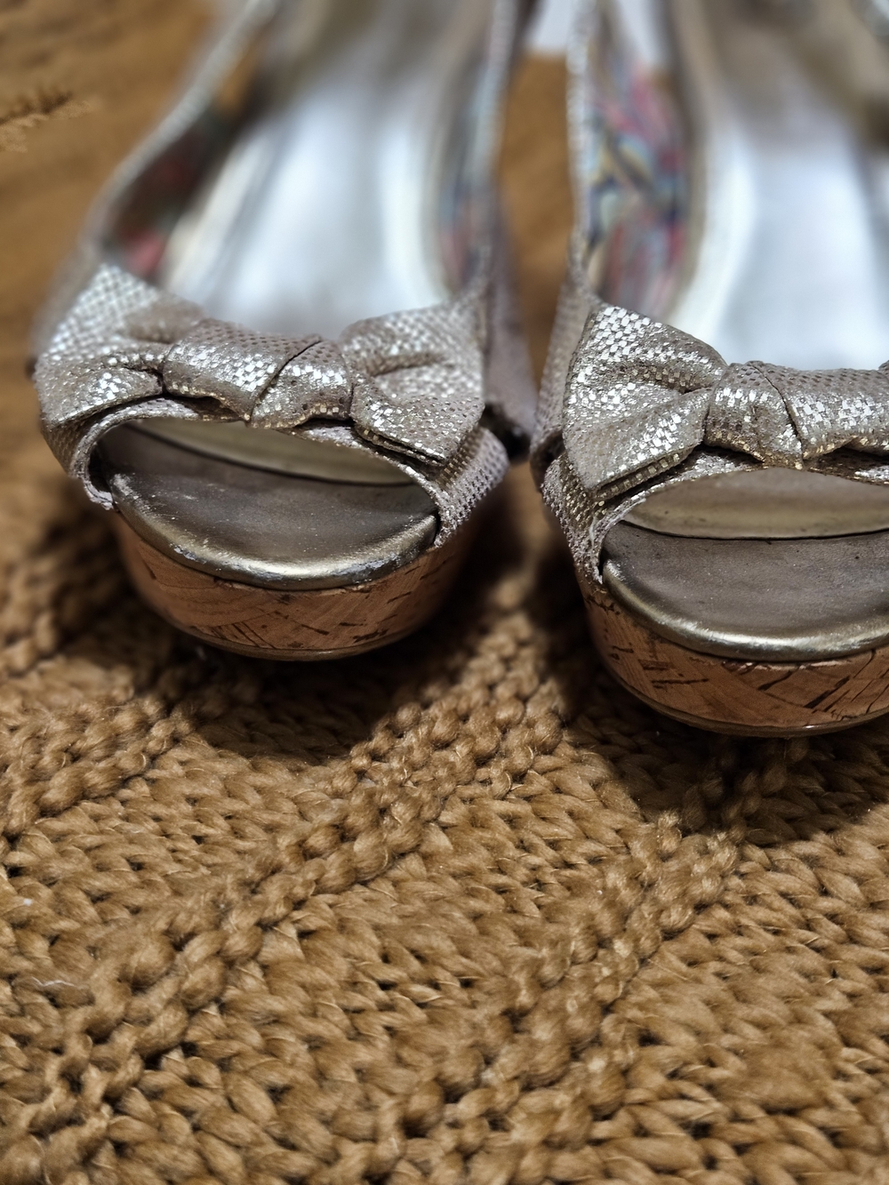 Anne Klein Gold Bow Peep-Toe Wedge Sandals